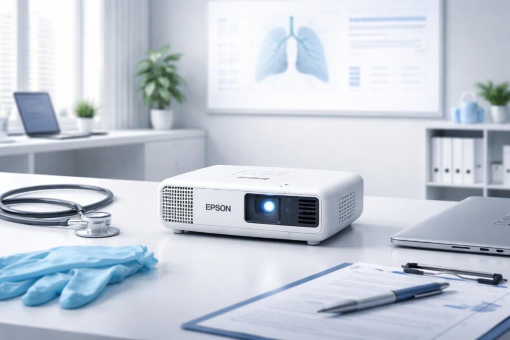 Mini vidéoprojecteur Epson : installation propre en contexte médical