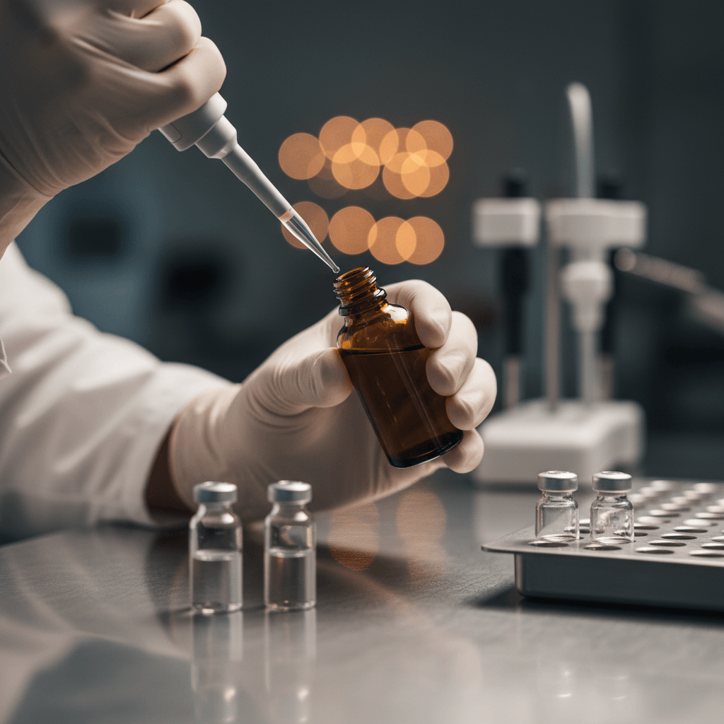 Contrôle qualité d'huile CBD en laboratoire avec prélèvement d'échantillon par pipette de précision