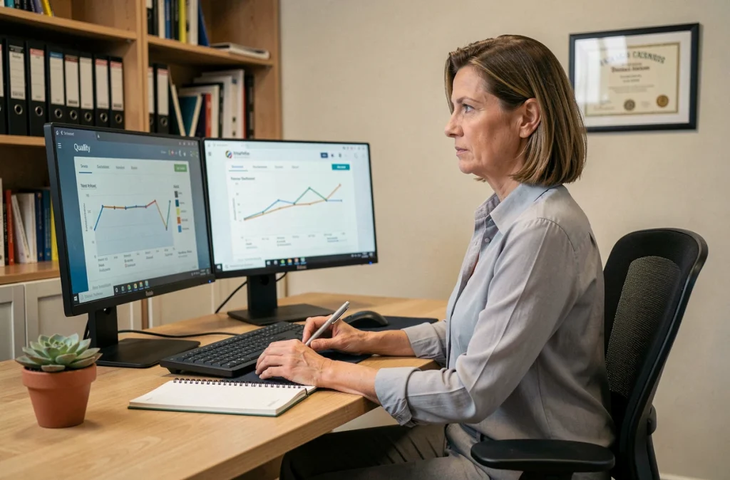 Cadre infirmière analysant des indicateurs de qualité sur un écran d'ordinateur dans un bureau administratif hospitalier, mettant en valeur les compétences analytiques et organisationnelles nécessaires à l'évolution professionnelle