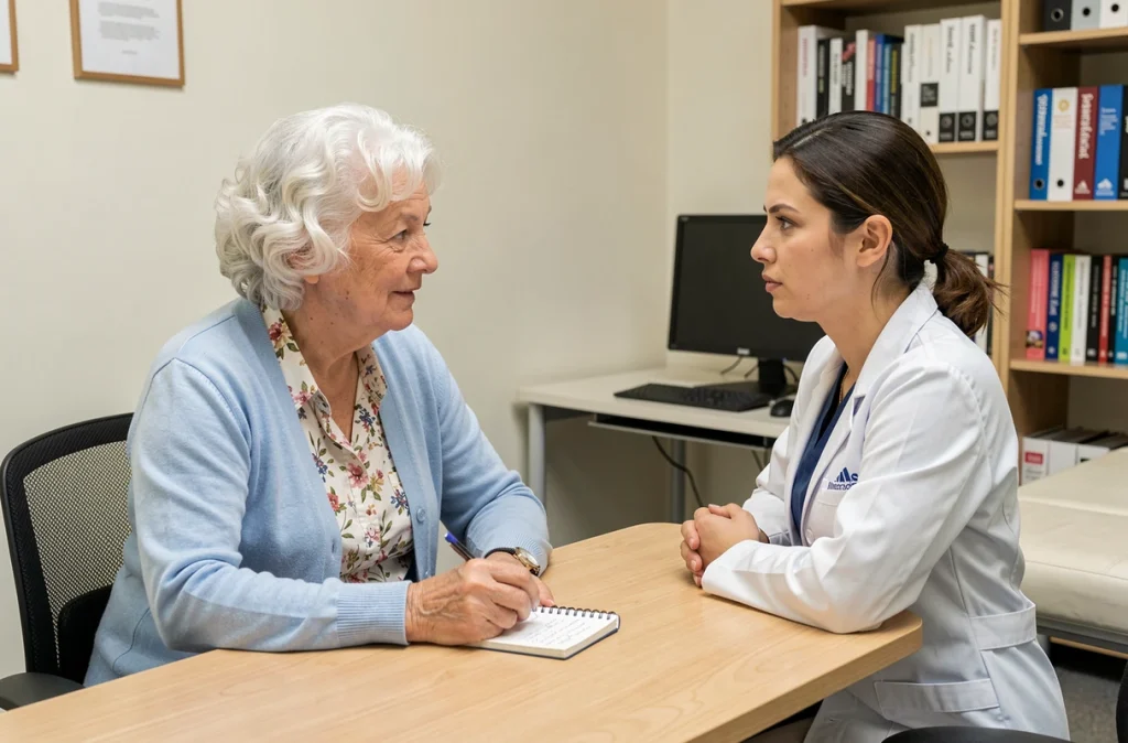 Femme âgée en consultation médicale discutant de ses problèmes de sommeil avec une médecin