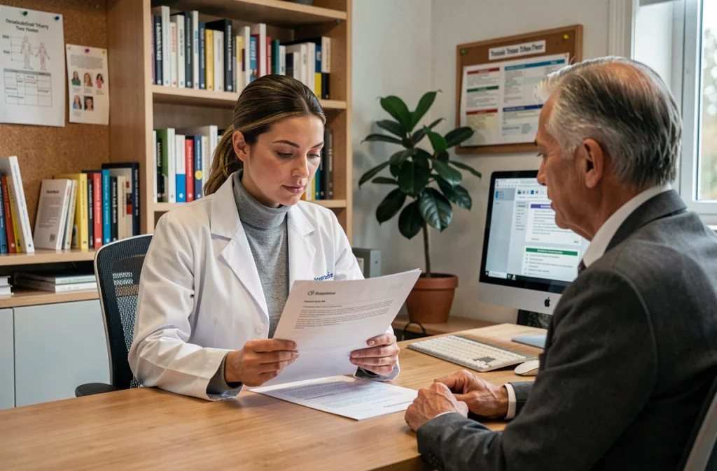 Ergothérapeute en consultation analysant un bilan d'évaluation avec un patient adulte dans un bureau professionnel