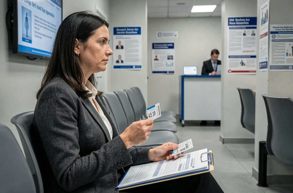 Femme patientant dans une salle d'attente de la CPAM avec ses documents de réclamation