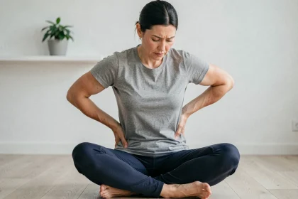 Femme adulte assise en tailleur tenant son bas du dos avec une expression de douleur lombaire légère dans un salon épuré