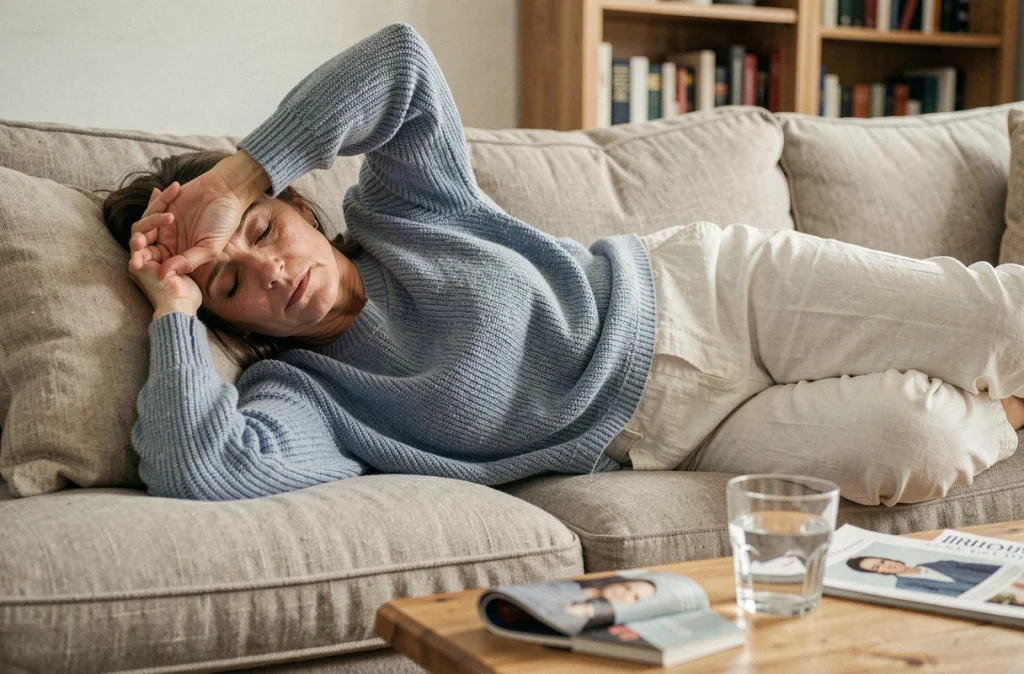 Femme épuisée allongée sur un canapé chez elle, représentant la fatigue persistante associée aux troubles de coagulation et aux D-dimères élevés