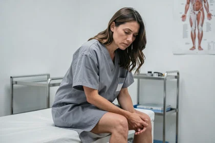 Femme fatiguée assise sur une table d'examen médical, illustrant les symptômes liés aux D-dimères et à la fatigue chronique chez la femme