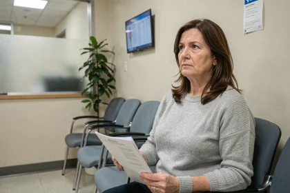 Femme assise dans une salle d'attente de radiologie tenant un document médical sans ordonnance