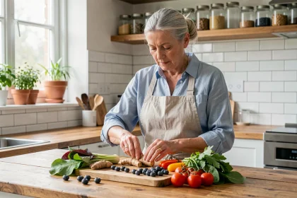 Femme senior de 68 ans préparant des aliments anti-inflammatoires colorés dans une cuisine moderne avec légumes frais et curcuma