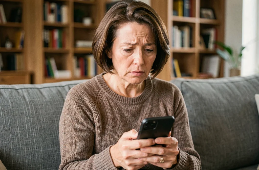 Femme d'âge mûr lisant une rumeur sur son smartphone avec une expression préoccupée, illustrant la propagation rapide de fausses informations sur la santé en ligne