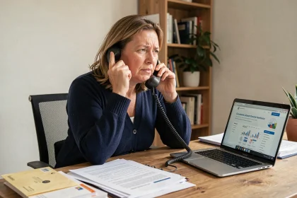 Femme au téléphone cherchant à contacter la CPAM pour un litige depuis son bureau à domicile