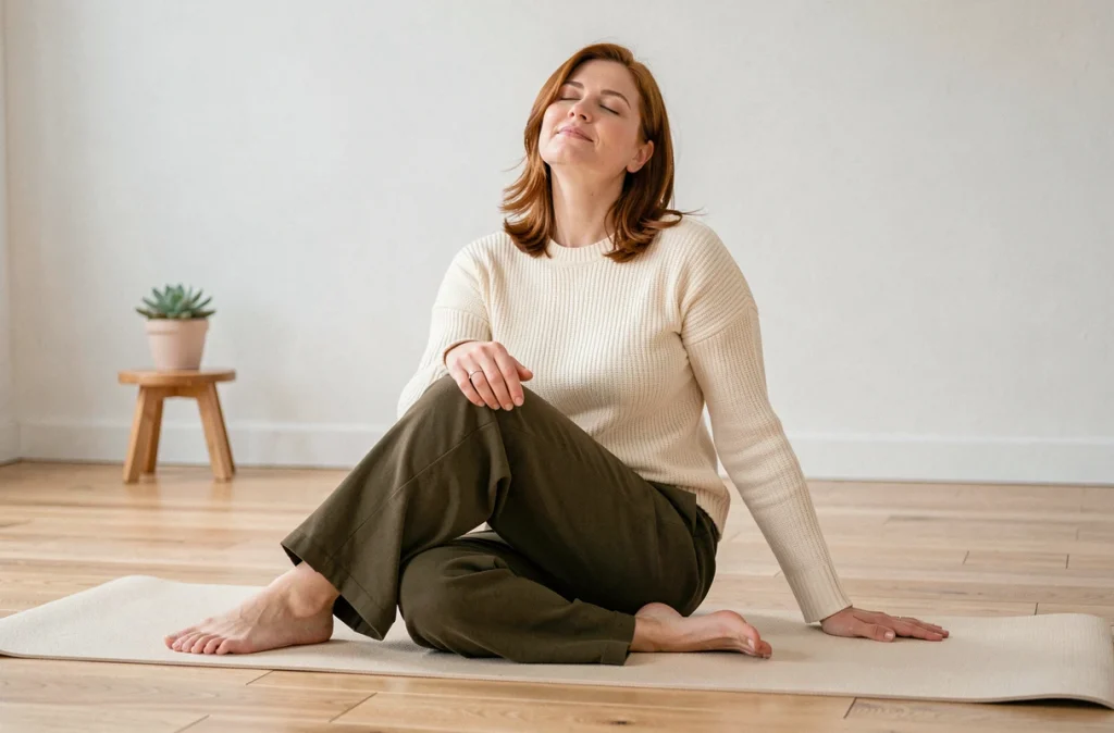 Femme pratiquant une torsion vertébrale douce sur tapis de yoga à domicile pour soulager la constipation et les douleurs lombaires