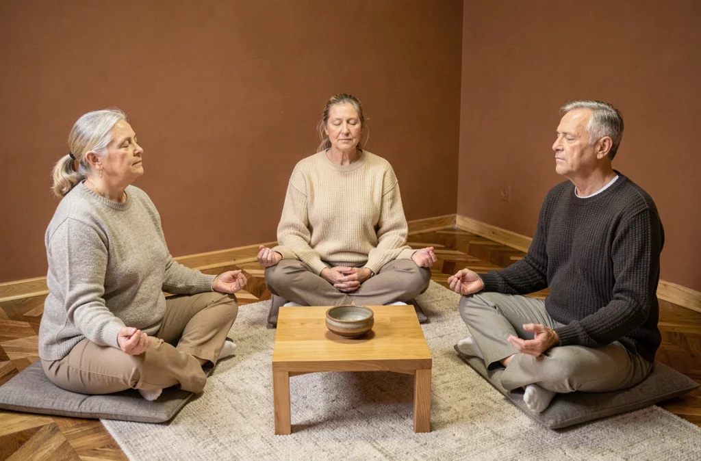 Groupe de seniors participant à une séance de méditation guidée en intérieur, assis en cercle sur des coussins dans une salle de bien-être chaleureuse