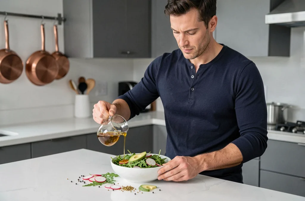 Homme dressant une salade fraîche avec des aliments thermogéniques comme la roquette, le radis et la vinaigrette à la moutarde dans une cuisine moderne