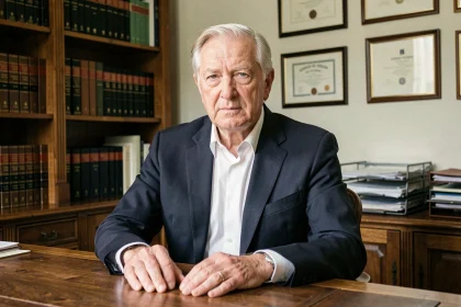 Portrait d'un homme politique âgé en costume sombre assis dans un bureau classique, illustrant la rumeur de maladie autour d'une figure publique