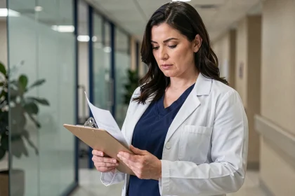 Infirmière qualité en blouse blanche tenant un clipboard dans un couloir hospitalier moderne, incarnant les compétences de leadership pour évoluer vers un poste de cadre