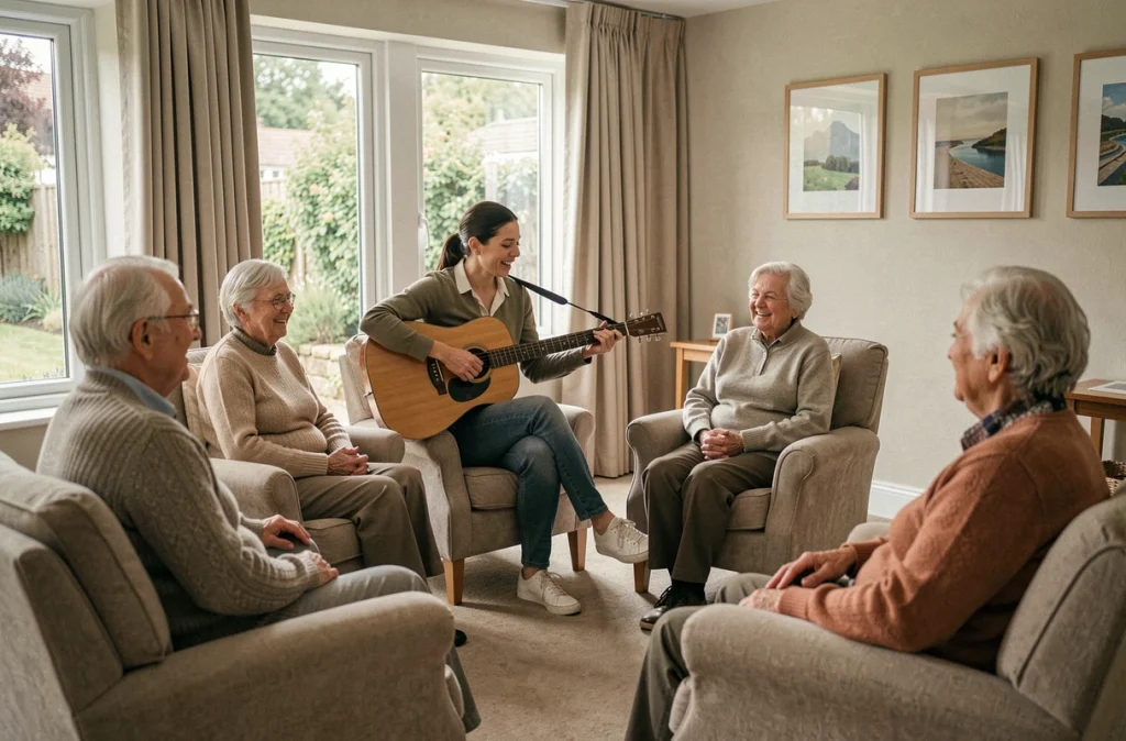 Séance de musicothérapie en maison de retraite avec une thérapeute jouant de la guitare pour des seniors épanouis