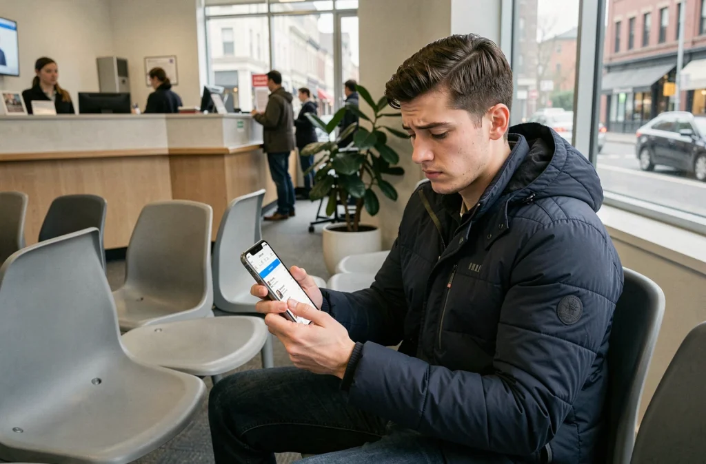 Jeune homme consultant une application mobile pour trouver rapidement un médecin spécialiste disponible dans une salle d'attente médicale urbaine
