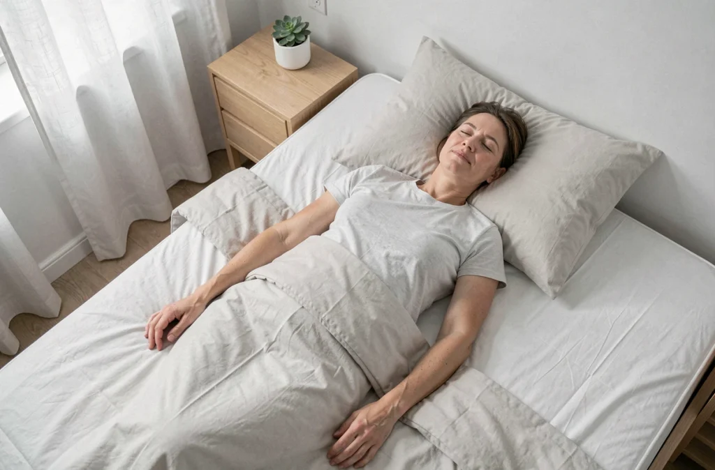 Femme allongée sur le dos avec un oreiller sous les côtes adoptant une position recommandée pour soulager la douleur de la côte flottante pendant le sommeil