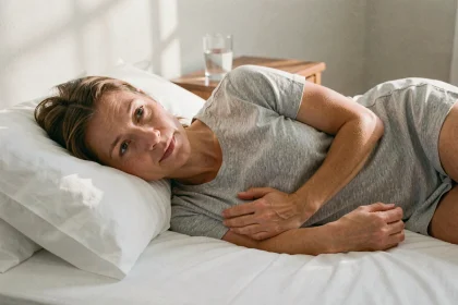 Femme allongée sur le côté tenant sa cage thoracique en cherchant une position de sommeil pour soulager la douleur de la côte flottante