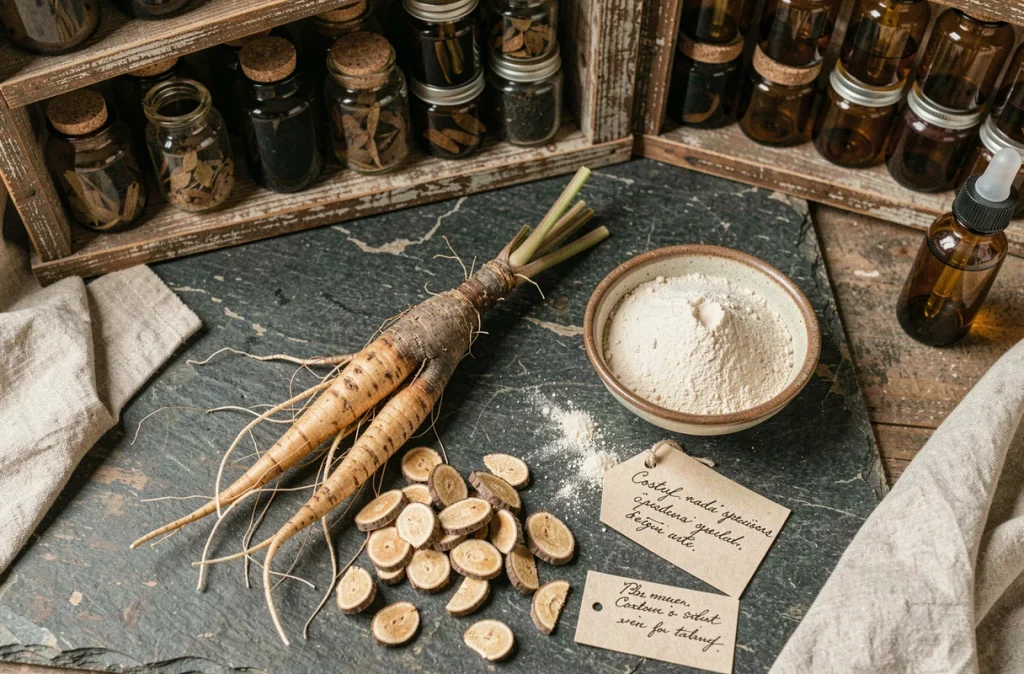 Racines séchées et poudre de costus indien disposées sur une surface en pierre dans un atelier herboriste