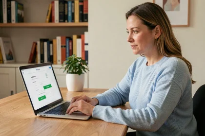 Femme cherchant un médecin spécialiste disponible sur une plateforme de prise de rendez-vous médicaux en ligne depuis son bureau à domicile