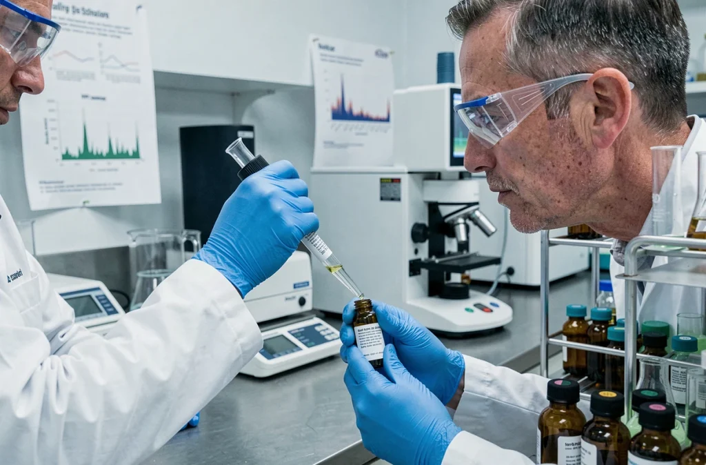 Scientifique analysant un extrait de costus indien en laboratoire de contrôle qualité pharmaceutique