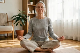 Femme senior pratiquant la méditation assise en tailleur dans un salon chaleureux, les yeux fermés et les mains en mudra, expression sereine et apaisée