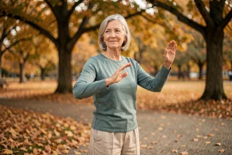 Femme senior pratiquant le tai chi en plein air dans un parc en automne pour stimuler la mémoire
