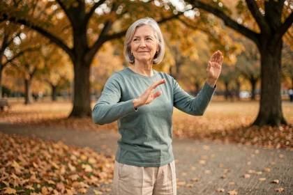 Femme senior pratiquant le tai chi en plein air dans un parc en automne pour stimuler la mémoire
