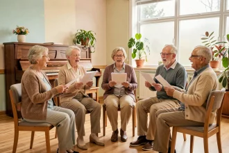 Groupe de seniors chantant ensemble dans une salle communautaire, créant du lien social grâce à la musique chorale
