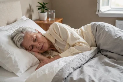 Femme âgée dormant paisiblement dans un lit avec des draps blancs, illustrant l'importance du sommeil pour les seniors