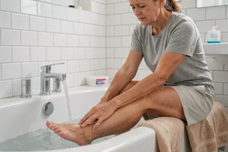 Femme soulageant une brûlure au pied sous l'eau froide du robinet dans une salle de bain