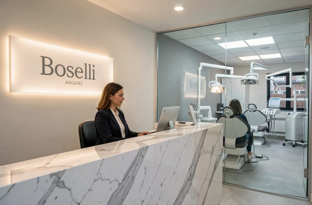 Réception du Centre dentaire Angers Boselli avec signalétique et personnel d'accueil