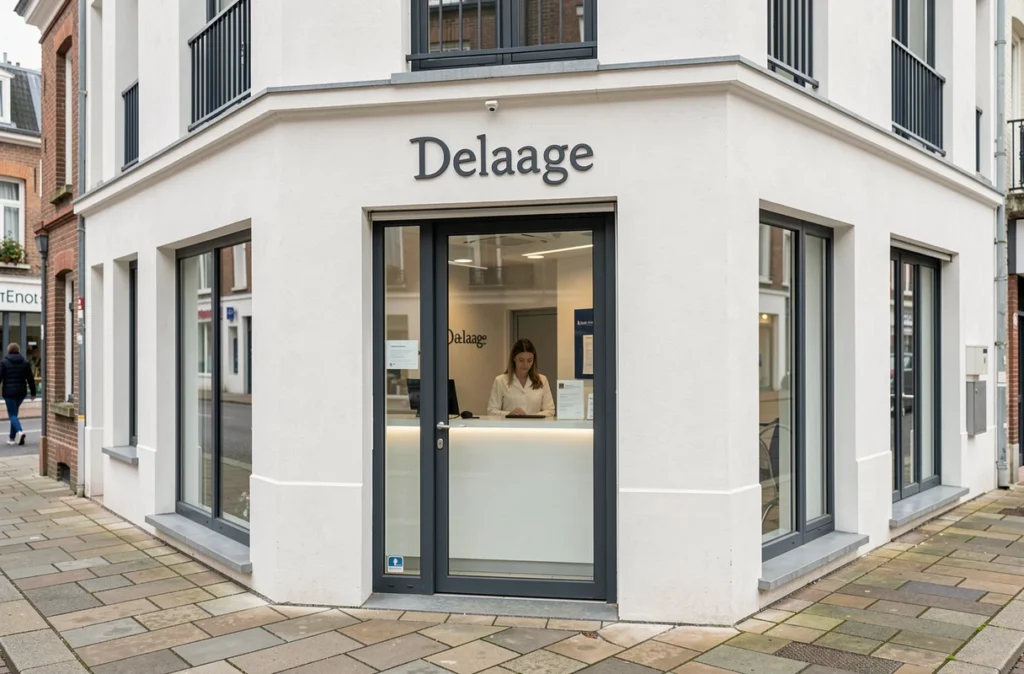 Façade extérieure du Centre dentaire Angers Delaage avec entrée vitrée sur rue