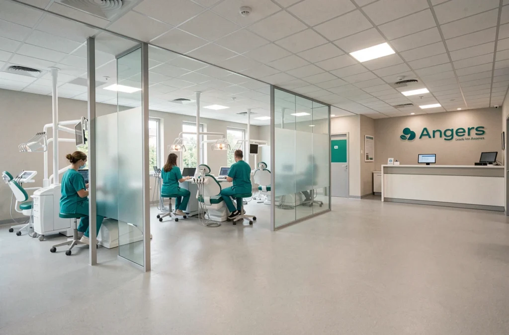 Vue intérieure du Centre dentaire Angers avec plusieurs unités de soins et équipe soignante