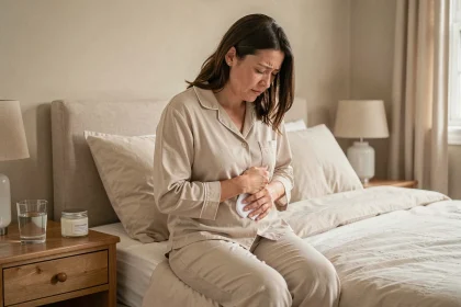 Femme en pyjama soulagée par une compresse naturelle contre les démangeaisons intimes nocturnes