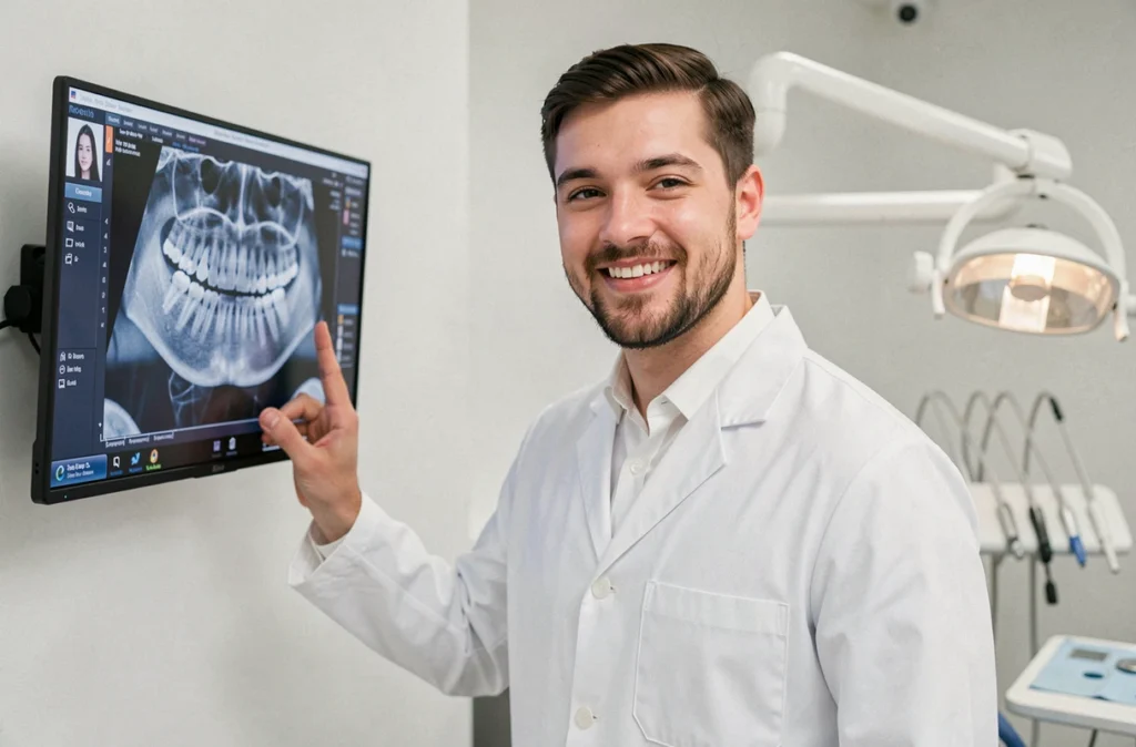Dr Nicolas Beljean consultant un radiographie dentaire numérique dans son cabinet en Maine-et-Loire
