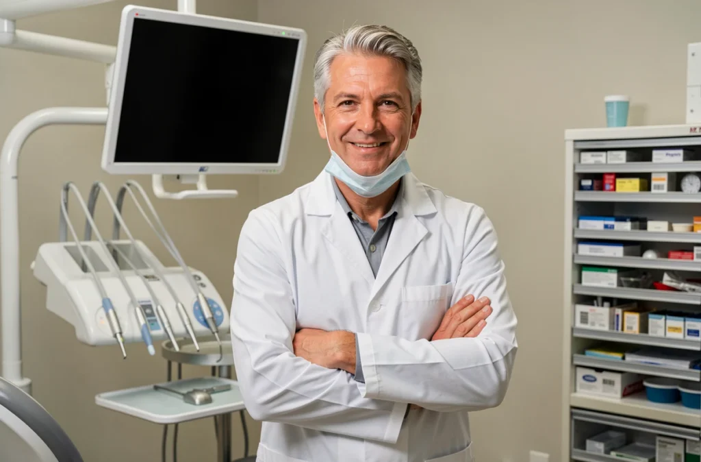 Portrait professionnel du Dr Yves Frotté, dentiste en Maine-et-Loire, dans son cabinet
