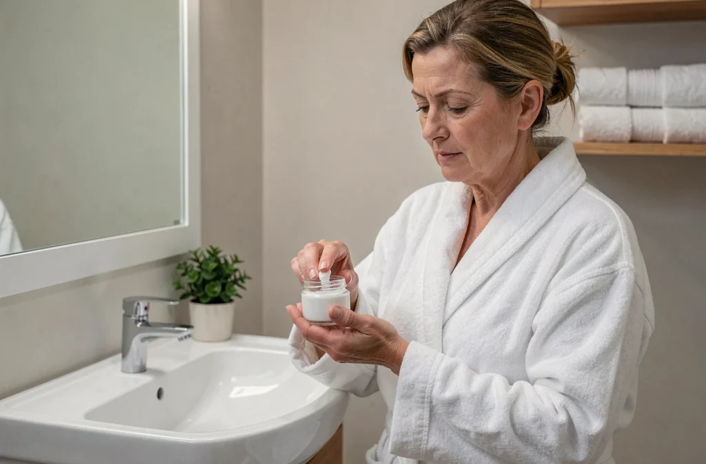 Femme appliquant une crème naturelle apaisante pour soulager les démangeaisons intimes la nuit