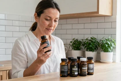Femme lisant l'étiquette d'un flacon de cure Nutrisolution Floravia dans une cuisine moderne et épurée