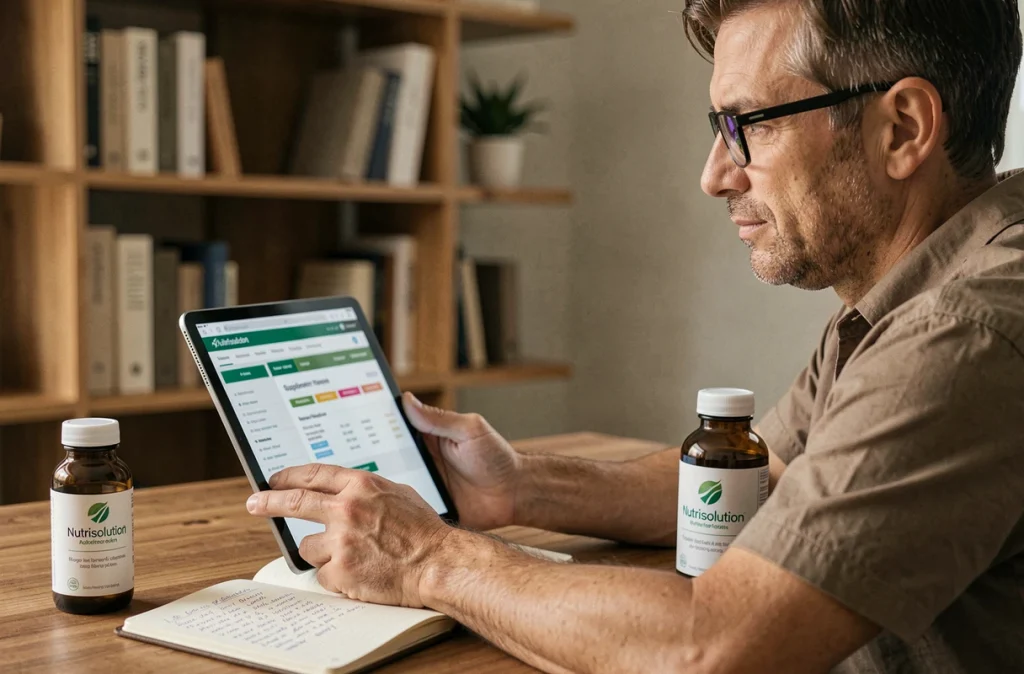 Homme comparant les cures Nutrisolution Floravia sur tablette numérique avec des flacons posés sur un bureau en bois