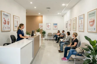 Salle d'attente d'un cabinet dentaire moderne en Maine-et-Loire avec accueil professionnel