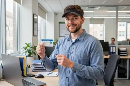 Intérimaire consultant sa carte de mutuelle dans une agence de travail temporaire